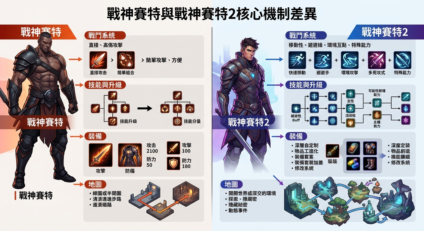 這張圖片採用左右對比的圖解設計，詳細列出了《戰神賽特》與《戰神賽特2》在戰鬥系統、技能與升級、裝備以及地圖機制上的核心差異。 左側以紅褐色調呈現一代較為傳統、直觀的遊戲機制，右側則以藍紫色調展示二代更具深度且多元的系統進化。
