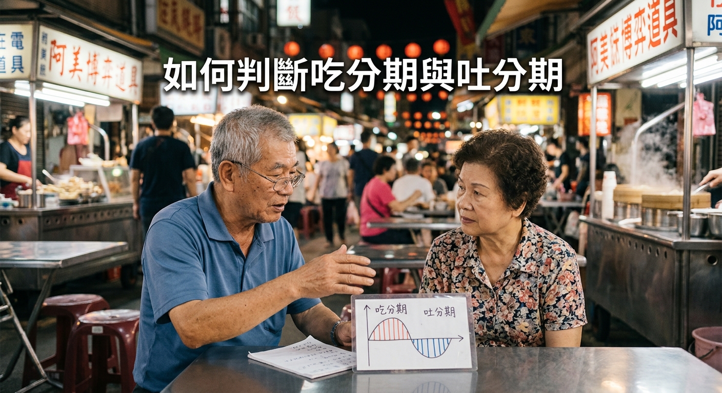 這張照片拍攝於傳統夜市，一位長者正在桌前向婦人講解圖表。 標題與手繪圖案清楚標示著「如何判斷吃分期與吐分期」的分析概念。