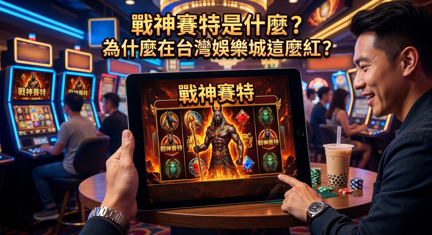 這是一張以「戰神賽特」為主題的圖片，畫面中顯示一位男子正在平板電腦上遊玩該遊戲。 圖片上方清晰標示著標題文字「戰神賽特是什麼？為什麼在台灣娛樂城這麼紅？」。