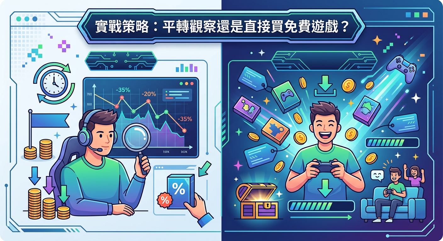 圖片左側顯示玩家正在冷靜觀察市場數據與折價圖表，右側則展現直接獲取免費遊戲與下載時的興奮體驗。